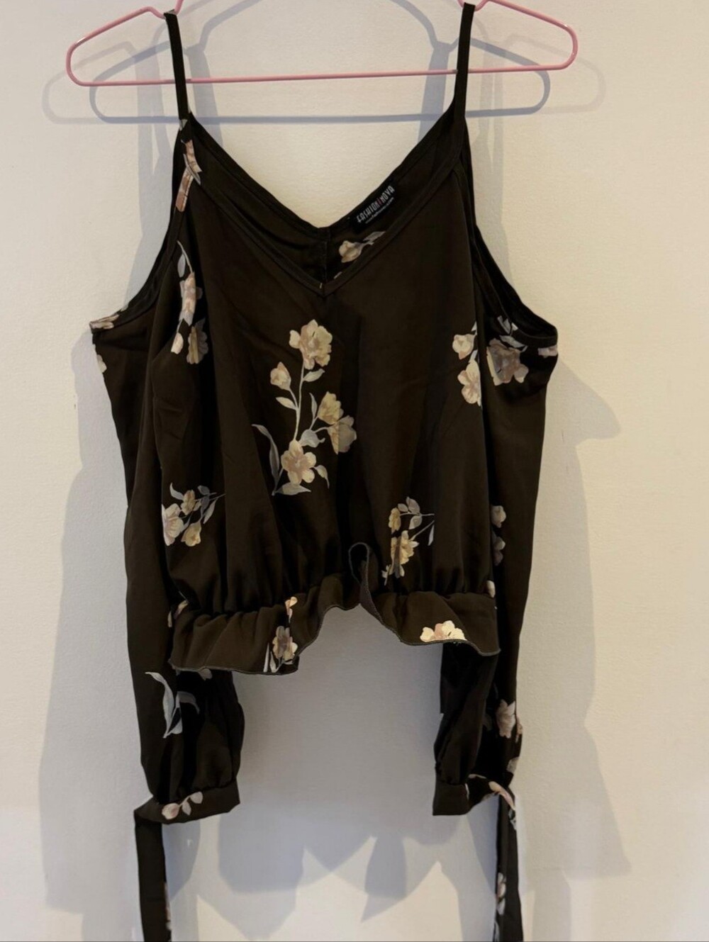 Dark Olive Floral Cold Shoulder Long Sleeve Crop Top Tie Cuffs